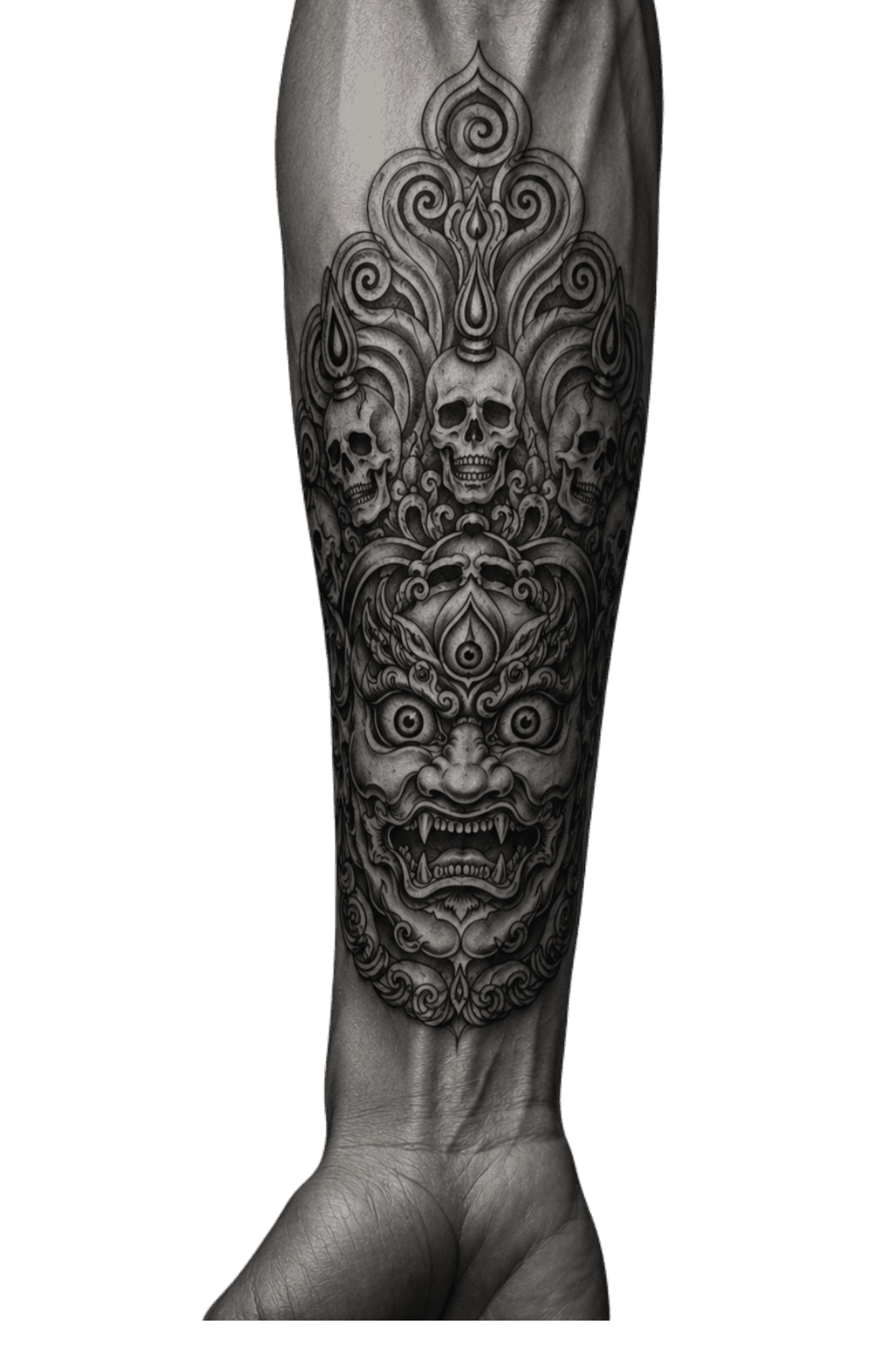 Black and grey ornamental tattoo work on a forearm